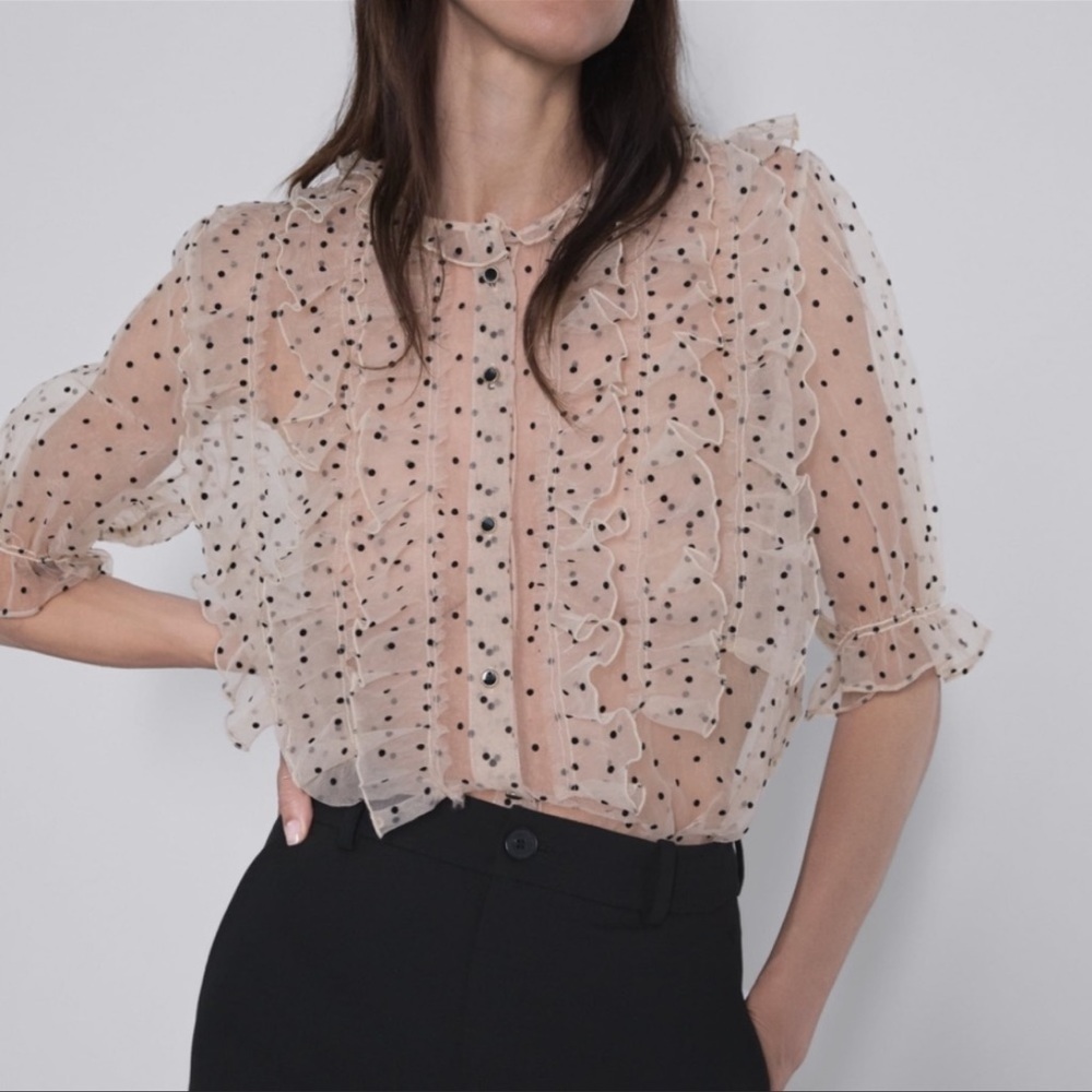 Zara Cream/Black Polka Dot Organza Patrice Ruffle Blouse Women’s Medium